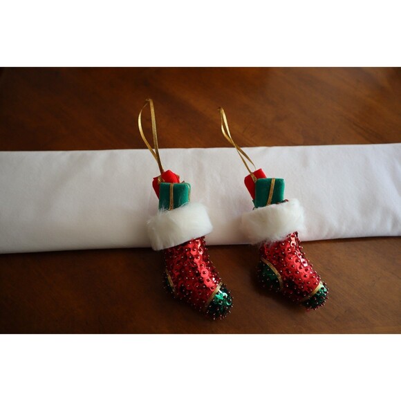 Vtg Lot of 2 Handmade Sequin Beaded Boot Stocking Christmas Ornaments Sulyn - Picture 4 of 12